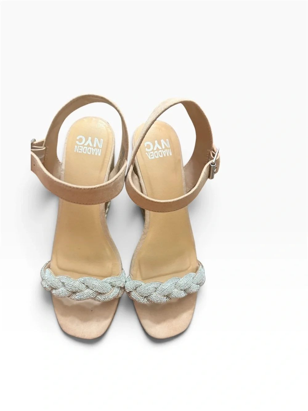Madden NYC Braided Rhinestone Ankle Strap Sandals Nude Tan Silver
